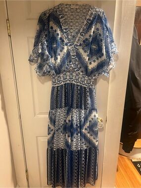 Blue & White Printed Midi Dress with Flutter Sleeves
